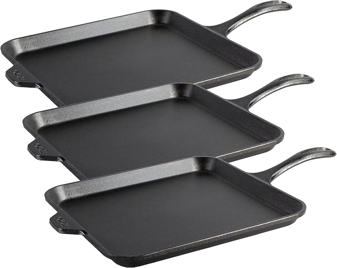 Lodge Seasoned Cast Iron Square Griddle - 11 Inches - Durable Pan - Cast Iron Cookware for Pancakes, Eggs, Bacon & Grilling Favorites (Pack of 3)