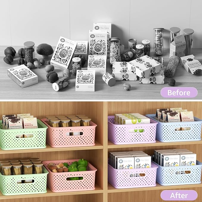 MaxGear 3 Pack Plastic Storage Baskets, Large, Purple | Durable Woven Plastic with Built-In Handles, Suitable for Shelves, Closets, Cabinets, Bathrooms and Offices