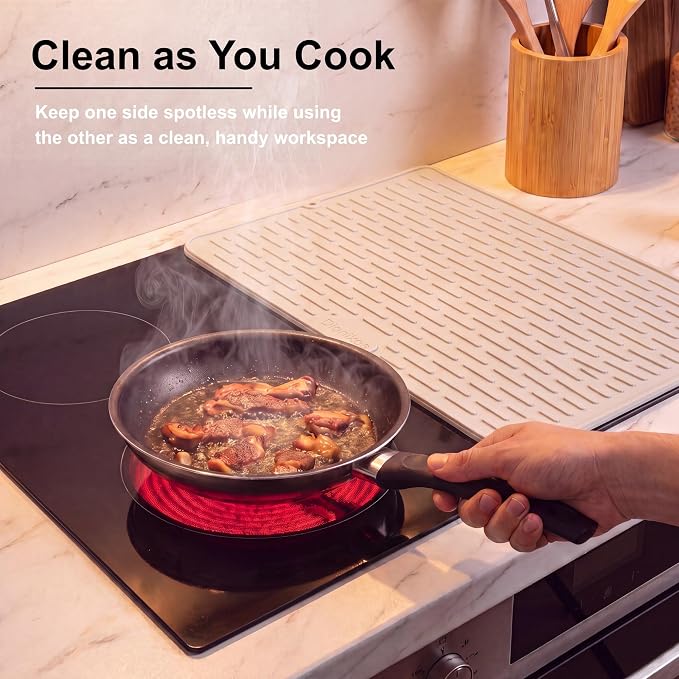 Foldable Silicone Stove Top Cover – 20"x28" Stove Top Covers for Electric Stove, Glass Top Stove Cover, RV Stove Top Cover & Dish Drying Mat (Cream, 28''x20'')