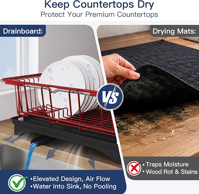 JASIWAY Red Dish Drying Rack in Sink with Drainboard and Utensil Holder | Use Over the Sink or Counter, Stainless Steel Expandable Dish Drainer for Small Kitchen, Space Saving, Fast Drain, Rustproof