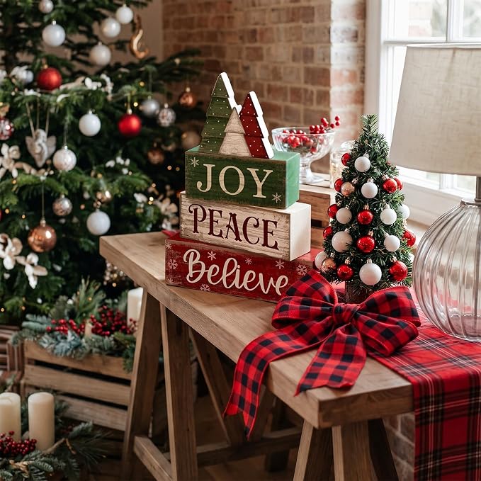 Lineshading 4 Pcs Christmas Table Decor, Wooden Tree Block Sign Home Tray | Red Green White Rustic Tree, Christmas Centerpiece For Tiered Tray, Wooden Block Display, Holiday Kitchen Shelf Home Decor