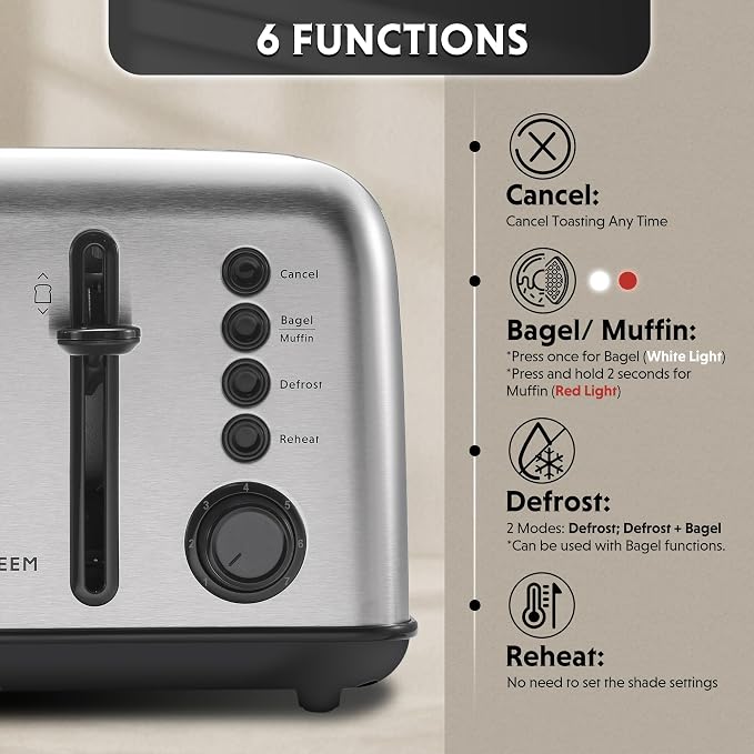 BUYDEEM DT640 4-Slice Toaster, 7 Shade Settings, Extra Wide 1.5’’ Slots for Bagel & English Muffin, 6 Toasting Functions, Retro Stainless Steel Toaster with High Lift Lever, 1800W, Retro Silver