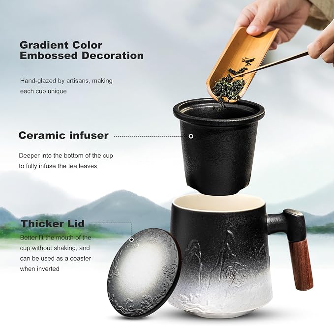 suyika Ceramic Tea Cup with Infuser and Lid, Gradient Embossed Large Tea Mug Wooden Handle for Steeping Loose Leaf, Tea Lover Gifts 15.2 oz / 450 ml,Matte Black | Gradient Embossed, Large Tea Mug, Wooden Handle