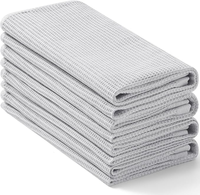 Homaxy 100% Cotton Waffle Weave Kitchen Towels, 4 Pack, Light Grey | Soft and Absorbent Dish Towels, 16 x 26 Inches Quick Dry Hand Towels