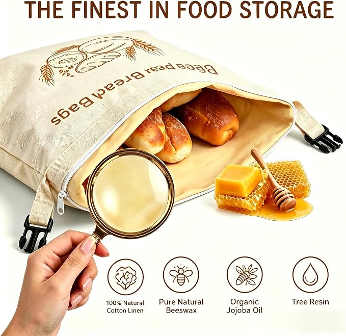 Two Styles Reusable Beeswax Bread Bags for Homemade Sourdough | Organic and Freezer Safe Bread Bags, Linen with Zipper and Buckle to Keep Bread Fresh, Great Gift for Baking Enthusiasts