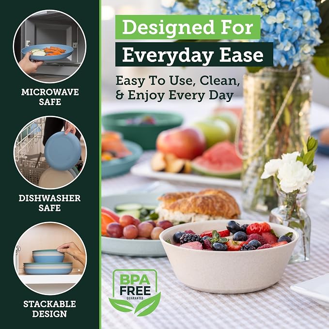 Grow Forward Premium Wheat Straw Plates and Bowls Sets - 8-Piece Wheat Straw Dinnerware Sets - Unbreakable & Reusable Microwave Safe Plastic Dinner Plates for Outdoors, RV, Camping Dishes - Oasis