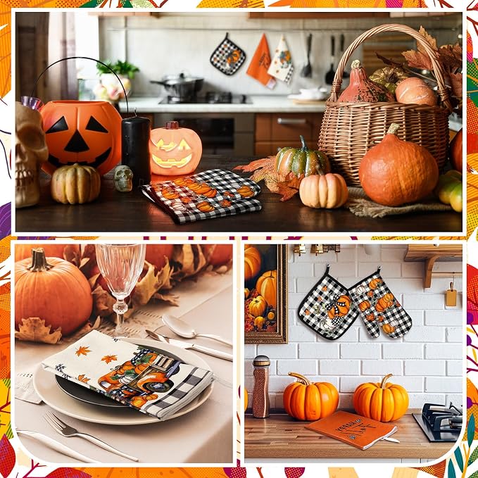 Fanfanwin 10 Pcs Fall Pumpkin Kitchen Decor and Accessories Set Pumpkin Kitchen Rugs Towels Pot Holders Oven Mitts Set for Autumn Baking Cooking BBQ Gift