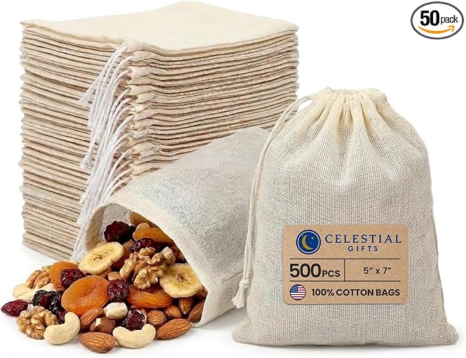 Celestial Gifts 5x7 Muslin Bags, 50 Pcs, 100% Cotton Drawstring Bags | Made in USA, Natural Hem & Drawstring, For Party Favors, Parts, Cowboy Coffee & More, Small Tea, Spice, Herb & Soap Bags