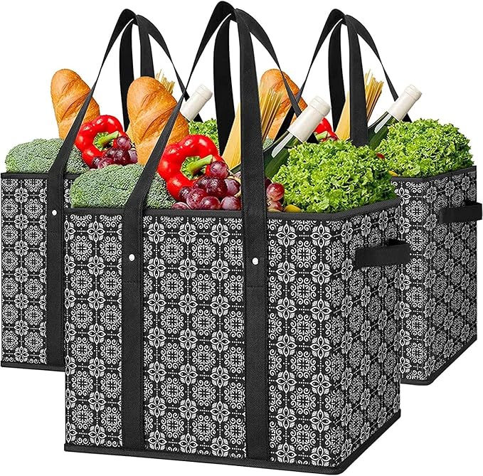 Reusable Grocery Bags 3 Pack, Foldable & Water Resistant Shopping Bags | Large Grocery Tote Bag Water Resistant Shopping Bags Foldable Grocery Bag for Clothes,Shoes and Picnic
