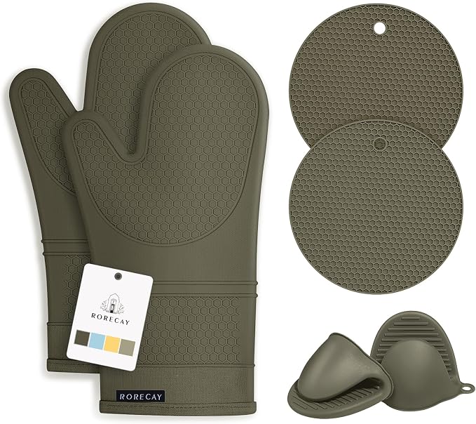 RORECAY Silicone Oven Mitts and Pot Holders Sets, Gloves for Kitchen, Olive | Set of 6 Kitchen Mitts for Baking & Cooking, Heat Resistant 500 ℉, 12.7" Extra Long, Non-Slip & Waterproof, Quilted Cotton