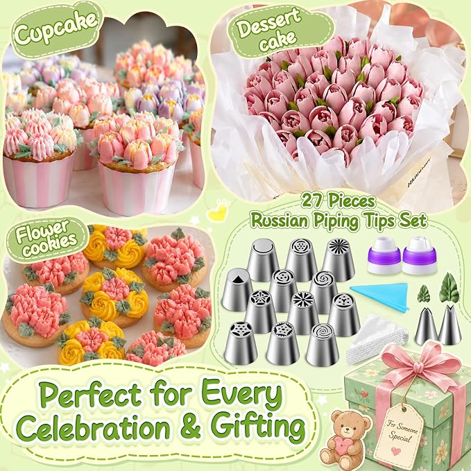 Suuker 27 Pieces Russian Piping Tips Set | 12 Icing Tips, 10 Pastry Baking Bags, 2 Leaf Piping Tips, 2 Couplers, 1 Silicone Bag