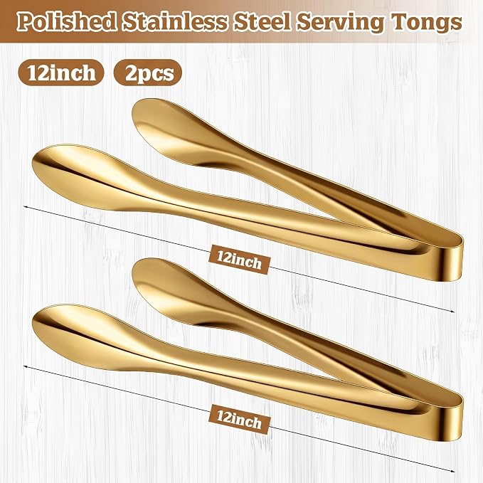 2 Pack Polished Stainless Steel Serving Tongs 12 Inch Metal Food Gold Tong for Buffet Salad BBQ Grilling Heavy Duty Kitchen Utensils for Cooking Catering Wedding Party