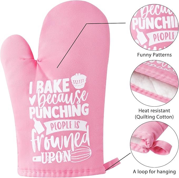 6Pcs Cotton Oven Mitts Pot Holders Funny Women Resistant Hot Pads Machine Washable Microwave Gloves with Hanging Loop Pocket Potholder for Kitchen Baking Cooking GrillingPink