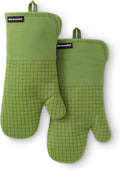 KITCHENAID Gourmet Series Gridlines Oven Mitts 2-Pack Set, Heat Resistant up to 600°F, Soft Silicone Grip, Magnetic Cuff, Matcha Green, 7"x14"
