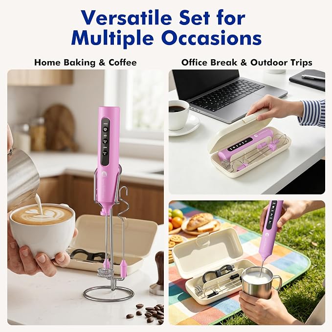 Rechargeable Milk Frother with Stand, 4 Interchangeable Whisks & Travel Case – Handheld Mixer for Lattes, Matcha, Hot Chocolate, Eggs & Protein Shakes