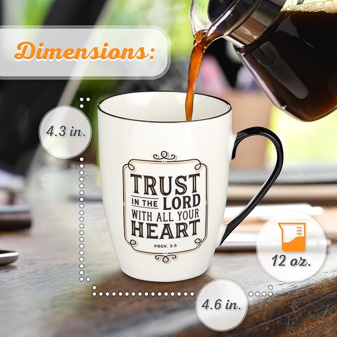 Christian Art Gifts Inspirational Bible Verse Ceramic Coffee & Tea Mug for Men & Women: Trust in the Lord Encouraging Scripture Proverb, Lead & Cadmium-free Novelty Drinkware, White/Black/Gold, 12 oz.