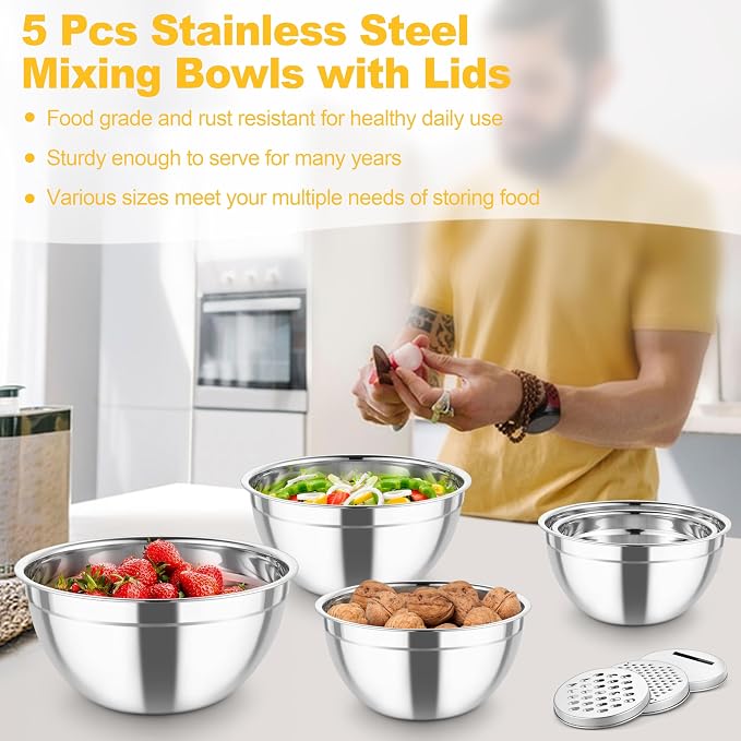 TeamFar Mixing Bowls, Stainless Steel Salad Serving Bowl with Clear Lids | with 3 Graters, For Kitchen Cooking Prepping Storing, Size 4.6/2.6/1.5/1/0.7 QT, Nesting & Airtight, Set of 5 & Multicolor