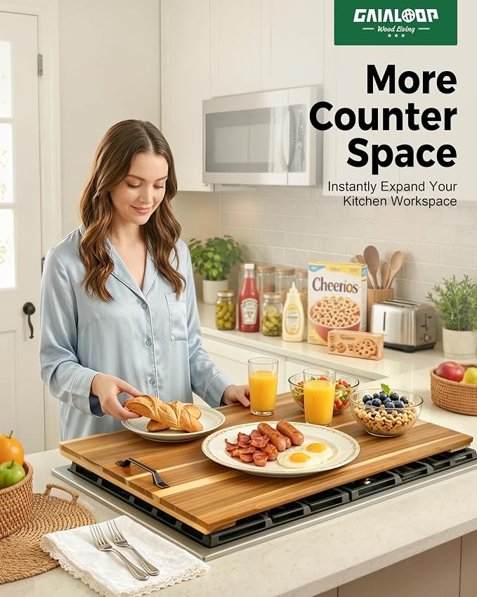 Gaialoop Noodle Board Stove Cover for Gas Stove with Handles, Acacia Wood | Acacia wood stovetop cover adds counter space, hides stains, elevates your kitchen and protects most 30" gas stoves