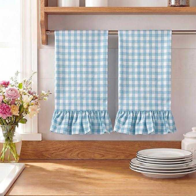 HunnmingRe 2 Pcs Light Blue Gingham Kitchen Towels Cotton Ruffled | Checked Dish Towels 18"x28" Tea Cloths Plaid Cottage Core Kitchen Decor for Farmhouse Charm Drying Dishes Entertaining Guests
