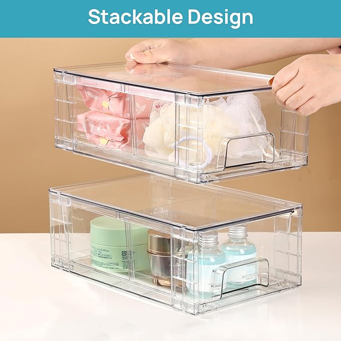 Vtopmart 4 Pack Stackable Storage Drawers,Clear Acrylic Drawer Organizers with Handles, Easily Assemble for Fridge, Bathroom,Kitchen Undersink,Cabinet,Pantry Organization and Storage | Clear Drawer Organizers with Removable Dividers for Flexible storag...