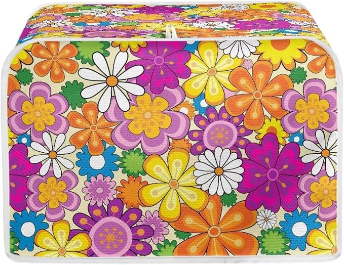Daisy Print Food Toaster Cover Multicolor, Floral 2 Slice Wide Slot Oven Protector Fingerprint Protector, Foldable Small Appliance Protection Anti-dust Bread Machine Cover