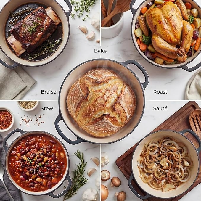 Zulay Kitchen 7.7 Quart Enameled Cast Iron Dutch Oven Pot with Lid – Premium Durability & Oven Safe up to 500°F – Heavy Duty Cookware Perfect for Bread Baking, Stews, Braising & Roasting – Gray