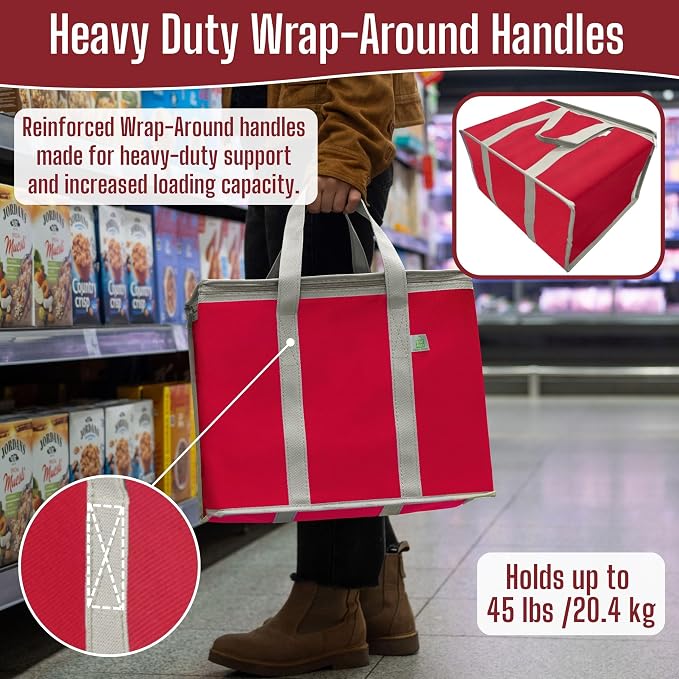 VENO 2 Pack Cooler Bag Insulated Grocery Bags for Food Delivery Heavy Duty | Large Collapsible Cooler, Reusable Shopping Tote w/ Zippers, Foldable, Stands Upright, for Groceries Camping (Red, 2 Pack)