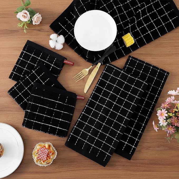 Homaxy Kitchen Towels and Dishcloths Set, Set of 8, Black | Bulk Cotton Terry Kitchen Towels, Checkered Designed, Soft and Super Absorbent Dish Towels, 12 x 12 and 13 x 28 Inches
