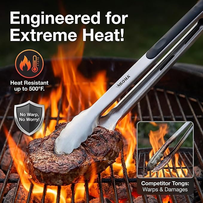 Kona 17-in Stainless Steel Locking Grill Tongs, Heavy-Duty, Set of 2 | Sturdy locking mechanism, stainless steel construction, for cooking, grilling, and BBQ
