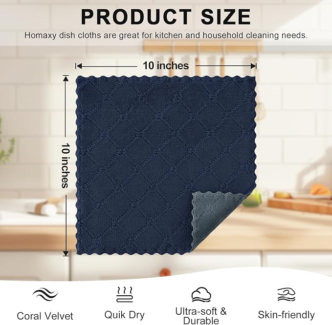 Homaxy 12 Pack Super Soft Dish Cloths, 10" x 10", Dark Grey & Navy Blue | Coral Velvet, Nonstick Oil Fast Drying Microfiber Cleaning Cloth, No Lint Household Dishcloths