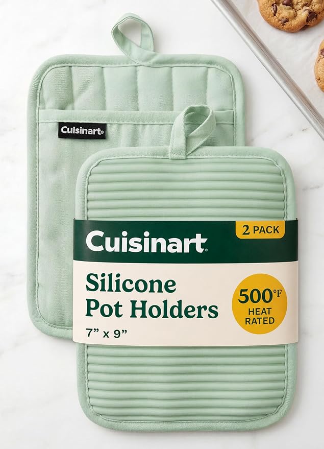 Cuisinart Silicone Pot Holders, Set of 2 7"x9", Heat Resistant 500F | Non-slip grip back is waterproof, hand pocket for secure hold, doubles as a trivet, wipe clean, hanging loop