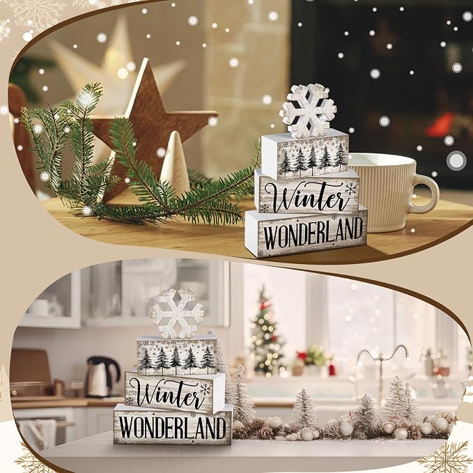 Lineshading 4 Pcs Winter Block Signs Wooden Farmhouse Tiered Tray Decor | Snowflake Design Stackable Blocks, Tabletop Shelf Mantel Display, Rustic Distressed White Finish, Farmhouse Holiday Decor