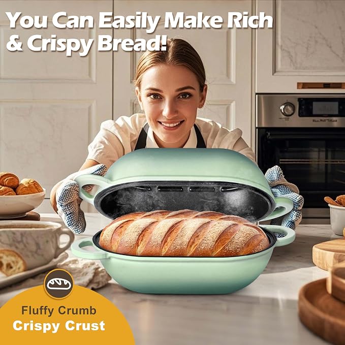 Homikit Enameled Cast Iron Dutch Oven for Bread Baking, 2.8 QT Oval Bread Oven Pot with Lid, 9.5 x 5.7 Inch Sourdough Loaf Baking Pan for Homemade Bread, Heavy Duty & Oven Safe, Pistachio Green