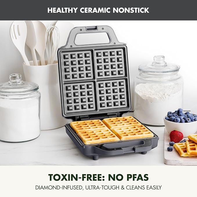GreenPan Advanced Waffle Maker, 4-Square Belgian & Classic Waffle Maker, PFAS-Free Ceramic Nonstick, Dishwasher Safe Plate, Cool-Touch Handle, Overheat Protection, Easy Clean, Graphite
