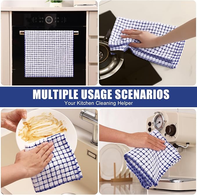 Mordimy Premium Cotton Kitchen Towels 16"x 25", Blue Check Design, 12 Pack | Super Absorbent Terry Kitchen Hand Towels, Large Natural Ring Spun 360 GSM Dish Towels, Soft Tea Towels with Hanging Loop