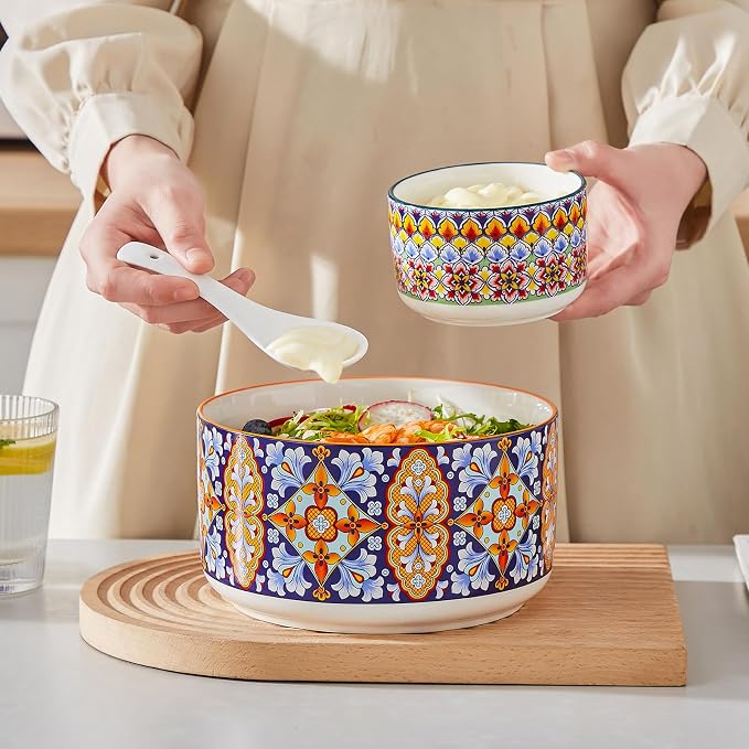 vancasso SIMI Serving Bowls with Lids, Ceramic Mixing Bowls Set of 4, Boho | Nesting Bowls for Food Storage, Prep, Stackable Bohemian Bowls, Dishwasher & Microwave Safe Gift Set, 60/36/20/10 OZ
