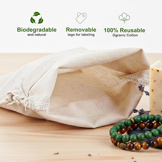 Marubhumi Cotton Storage Bags with Drawstrings Small 5x7 Inch - 12 Pcs Reusable Muslin Bulk Flour Sack Bag,Cotton Fabric Bread Bags Bulk Food Produce Natural Storage Bag