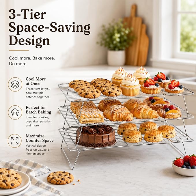 Cooling Rack 16"x10", 3-Tier Stackable & Collapsible Cooling Racks | Cooling Racks for Cooking and Baking, Roasting, Grilling, Oven & Dishwasher Safe (Silver, 3-Tier)