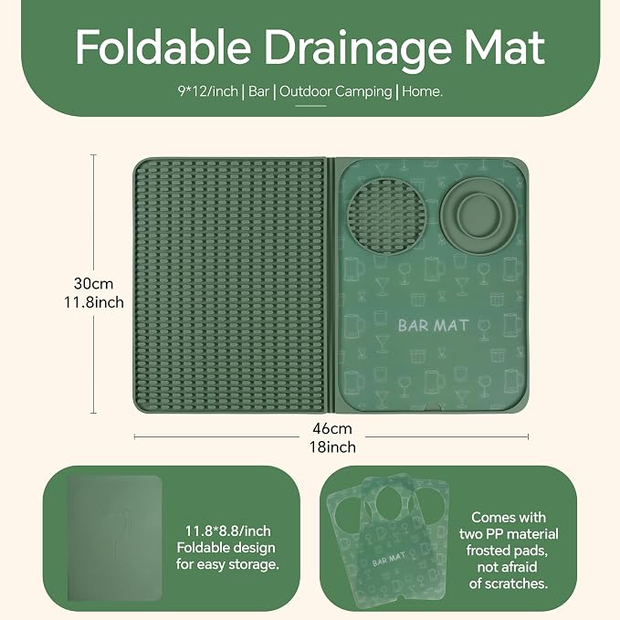 Bar Mat, Bar Accessories, Multifunctional Folding Cocktail Mat with Cutting Board, 18" X 12"(Green) Drying Mats,Bar Mat for Countertops,Bar Decorations for Home, Outdoor Bar Accessories,Travel