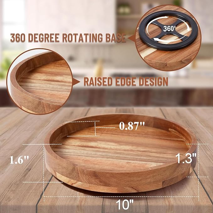 10" Acacia Wood Lazy Susan Organizer for Cabinet,Lazy Susan for Countertop