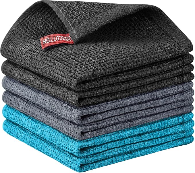 Nialnant 6 Pack Kitchen Towels, 100% Cotton, 12x12 Inches | Absorbent Quick Drying Dish Rags, Dish Cloth for Washing Dishes, Multipurpose Cleaning Rags