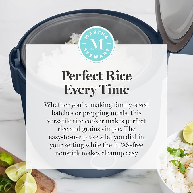 Martha Stewart 8 Cup Cooked (4 Cup Uncooked) Rice Cooker & Steamer, Navy | PFAS-Free Ceramic Nonstick Removable Pot, 9 Modes, Keep Warm, Steamer, White & Brown Rice, Quinoa, Grains, Oats, Easy Clean