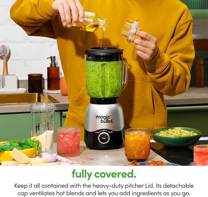 magic bullet Combo Blender, 600W, 48oz Pitcher, 16oz Cup with To-Go Lid, Easy Cleaning, Cross Blade, for Smoothies, Sauces, Shakes, Salsa, Hot Blends, Silver, MBF50200