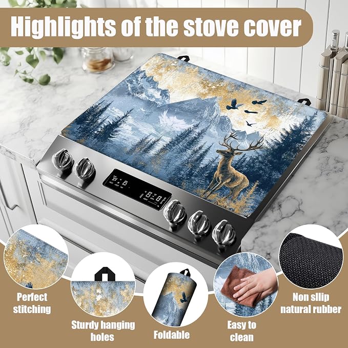 Misty Forest Deer Stove Top Covers for Electric Stove, Mountain Electric Gas Stove Pad Heat Resistant Range Cooktop Protector for Home Decor Kitchen 28"x20"