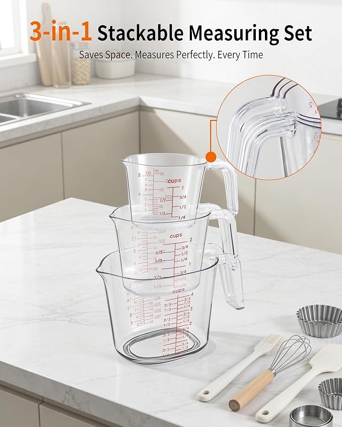 -BINGBING- Measuring Cups Set of 3, Plastic, Nesting Design, Pour Spout | 1L, 2 Cup, 1 Cup with Ml & Oz Markings, Non-Slip Base & Pour Spout for No Mess, Nesting Design for Kitchen, Baking & Cooking