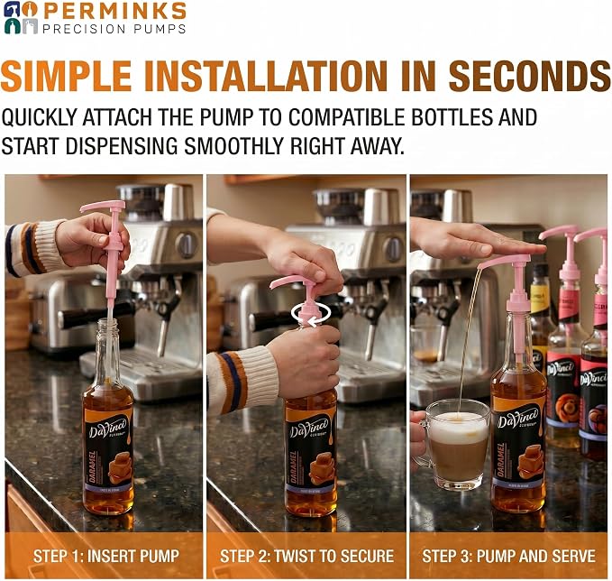 Syrup Pump, Compatible with 750ml Torani, Davinci & Skinny, 2-Pack, Pink | Leak-free, 1/4oz precision pump with locking nozzle. Great for coffee bar accessories, dirty soda stations & dessert sauces