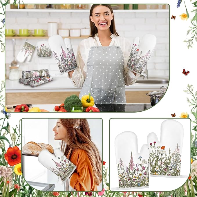 Fanfanwin 10 Pcs Wildflower Kitchen Decor Set Floral Kitchen Towels and Rugs Pot Holders Oven Mitts Spring Dishcloths Fast Drying Decorative Set for Baking Cooking Gift
