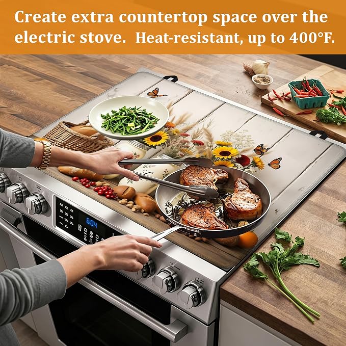 Farmhouse Flowers Stove Top Covers for Electric Stove,Rustic Bread Food Glass Top Stove Cover, Heat Resistant Range Covers for Electric Stove,Washable Countertop Mat, 28 x 20 Inch