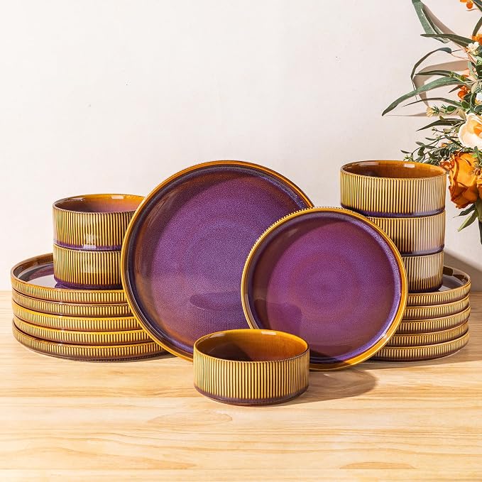 Ceramic Dinnerware Set for 6, 18-Piece Plates and Bowls Set | Lightweight Porcelain Dish Set, Scratch Resistant, Oven & Microwave & Dishwasher Safe, Amber Amethyst