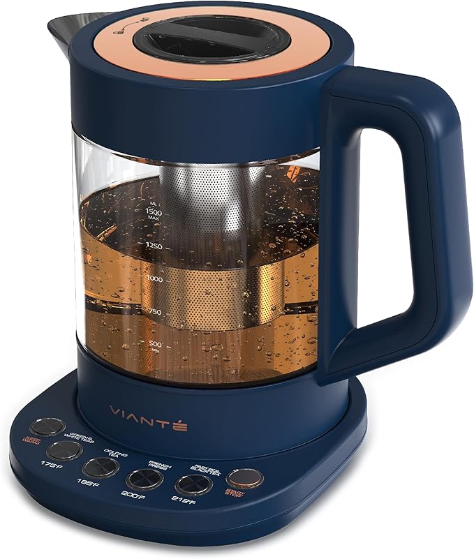 Viante Alba Electric Tea Kettle, Infuser, No Plastic, 1.5L, Midnight Blue | Borosilicate glass & 304 stainless steel construction. 4 temp presets, keep-warm, cordless, auto shut-off
